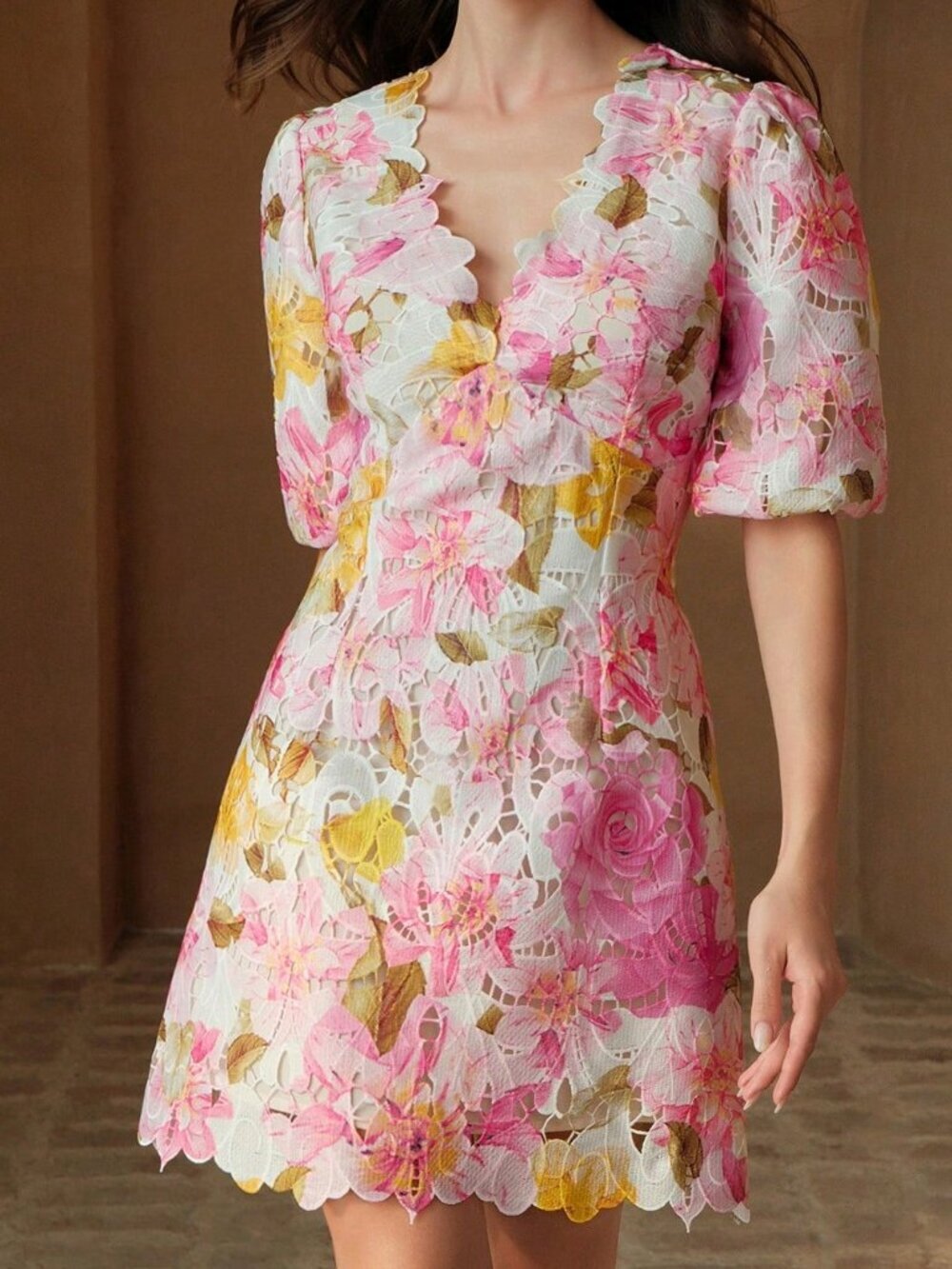 Pink Boho Women's V-Neck Puff Sleeve Ruffled A-Line Lace Floral Print Dress - Picture 4 of 7
